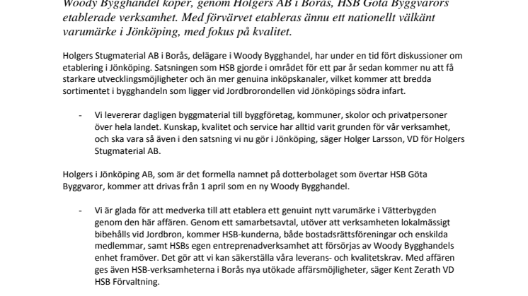 Woody Bygghandel övertar HSB Göta Byggvaror i Jönköping