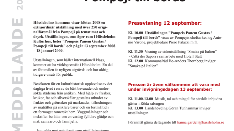 Inbjudan till pressvisning av Pompeis Panem Gustas / Pompeji till bords