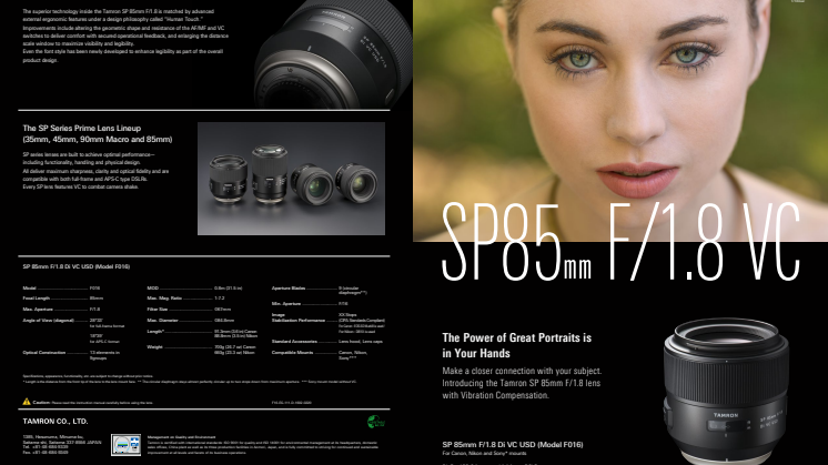 Tamron SP 85mm F/1.8 Di VC USD, datablad