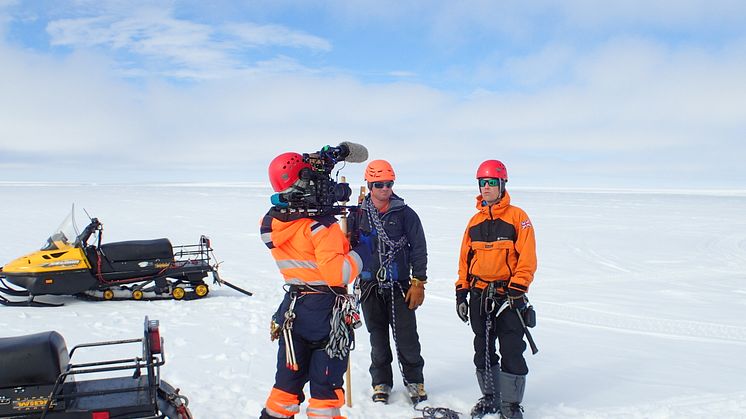 Dr Jan de Rydt being interviewed while on fieldwork in Antarctica 
