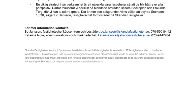 Skandia Fastigheter säljer fastigheten Stampen 13:30 i Göteborg
