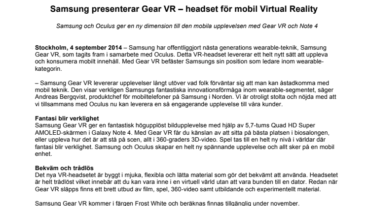 Samsung presenterar Gear VR Innovator Edition – headset för mobil Virtual Reality 