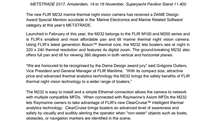 FLIR: METSTRADE - FLIR 232 Marine Thermal Camera Receives DAME Design  Award Special Mention