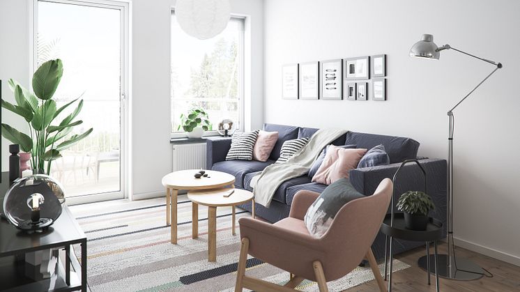 Illustration av interiör, vardagsrum, BoKlok-lägenhet 2 rok, 2020. 