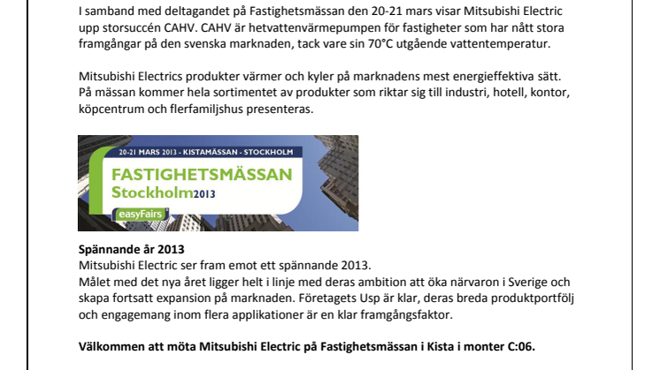 Möt Mitsubishi Electric på Fastighetsmässan i Kista 