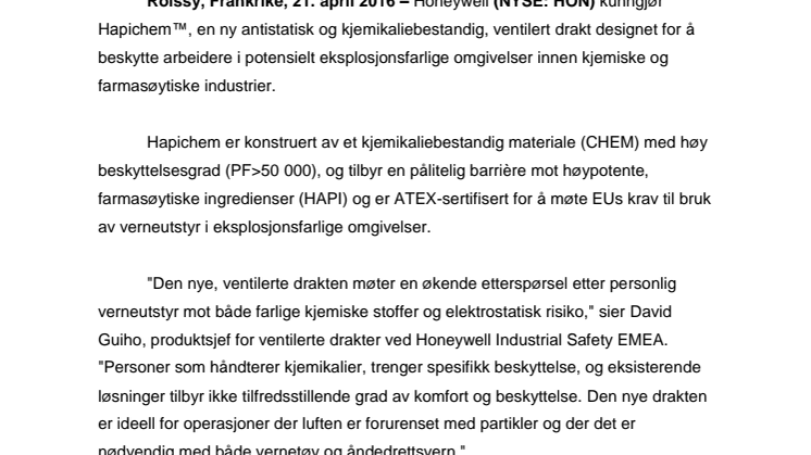  Honeywell lanserer en innovativ, ATEX-ventilert drakt for kjemiske og farmasøytiske industrier