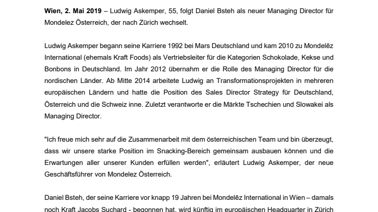 Mondelēz International ernennt Ludwig Askemper zum Managing Director Österreich