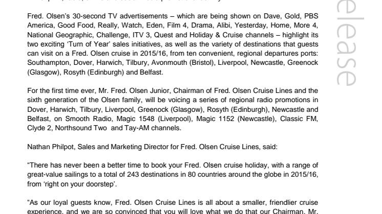 Fred. Olsen Cruise Lines promotes ‘Turn of Year’ sales campaign –  featuring Mr. Fred. Olsen Junior himself!