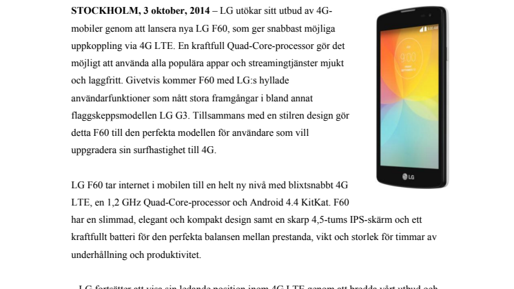 LG LANSERAR PRISVÄRDA 4G-MOBILEN F60 FULLMATAD MED SMARTA FUNKTIONER