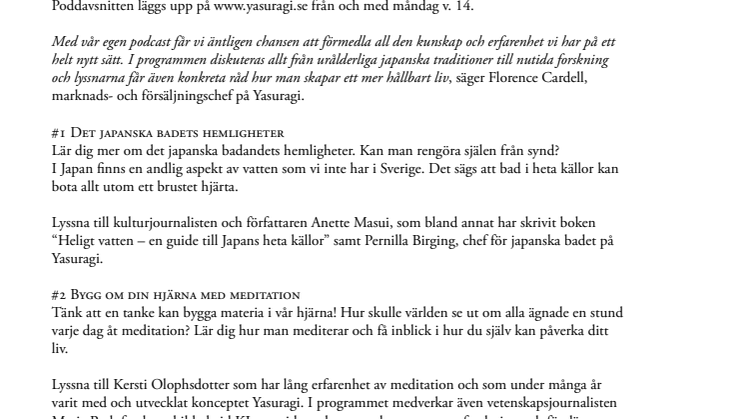 Nu släpps Yasuragipodden om inre och yttre hållbarhet