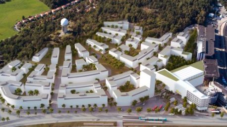 Fotomontage över programförslaget med det nya torget och tvärbanestationen i förgrunden