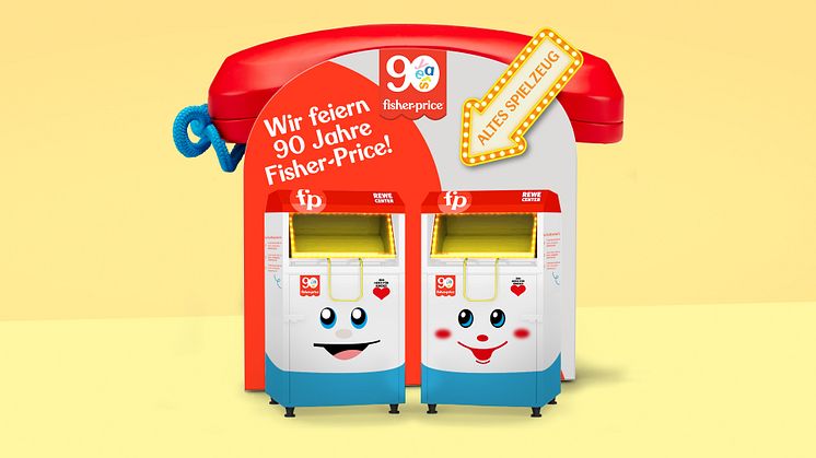 Die Container für die Spielzeugspenden sind ikonischen Fisher-Price Spielzeugen nachempfunden.