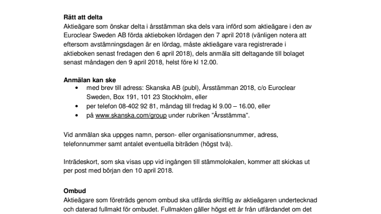 Kallelse till årsstämma i Skanska AB (publ)