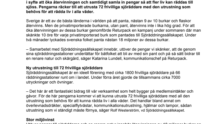 18 miljoner burkar räddar liv i alla väder – Returpack skänker 1,8 miljoner kronor till Sjöräddningssällskapet