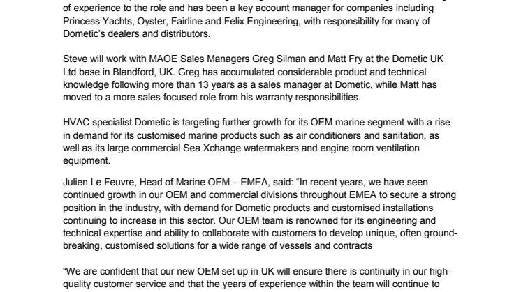 Dometic: Announces New OEM Sales Team in UK 