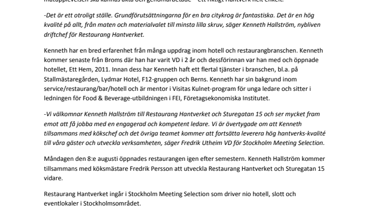 Restaurang Hantverket förstärker teamet med känd branschprofil