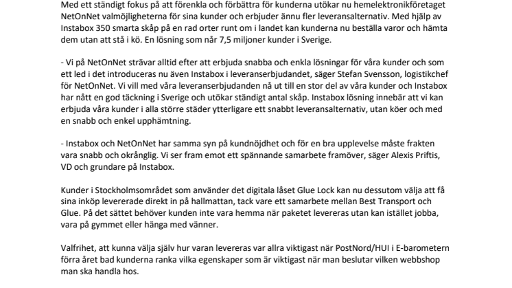 NetOnNet breddar leveranserbjudandet med Instabox och InHome-leverans