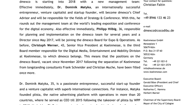 dmexco completes its management team: Dr. Dominik Matyka named Chief Advisor