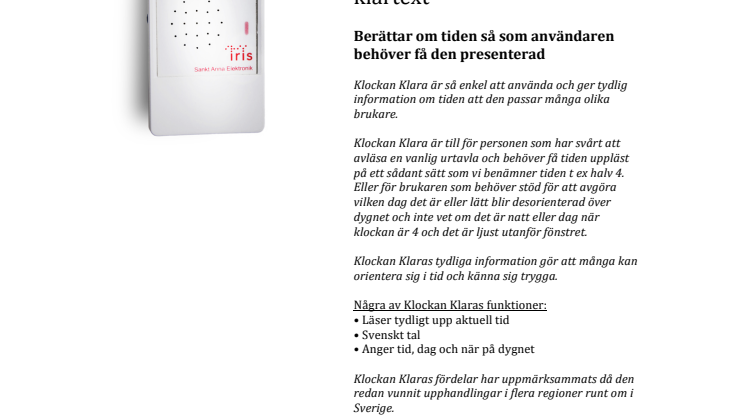 Iris Hjälpmedel lanserar: Klockan Klara -talar tid i klartext