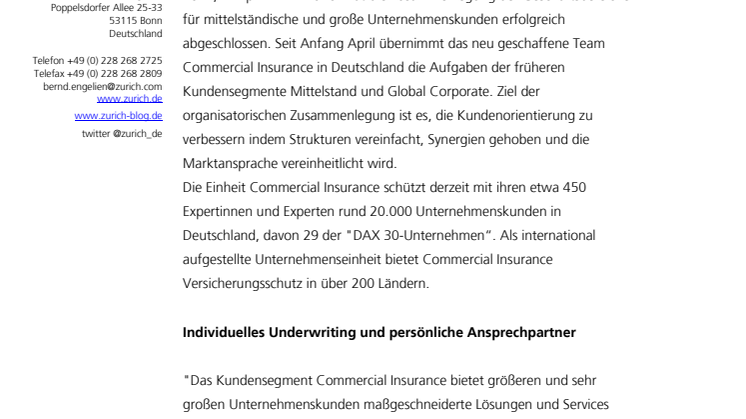 Kundenorientierung: Zurich bringt neues Kundensegment Commercial Insurance an den Start 