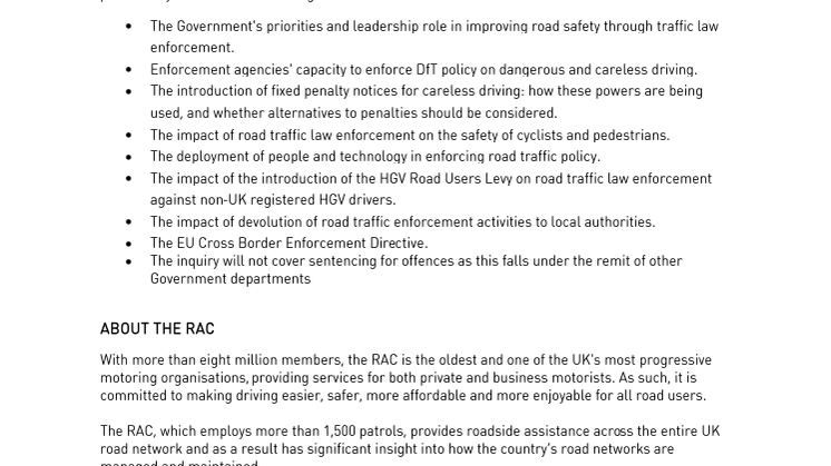 RAC Response to Transport Select Committee inquiry into road traffic law enforcement