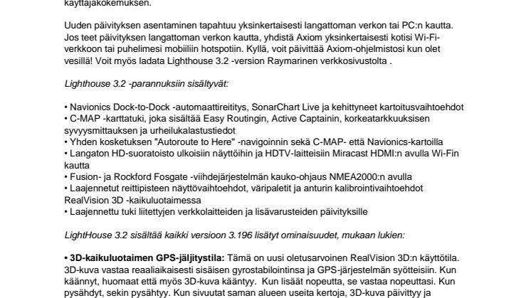 Raymarine: Raymarine Axiom -ohjelmistopäivitys: Uusi LightHouse 3.2 tarjoaa uusia parannuksia