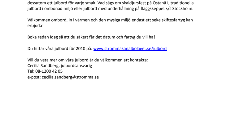 Nytt för 2010 – boka Strömma Kanalbolagets julbord online!