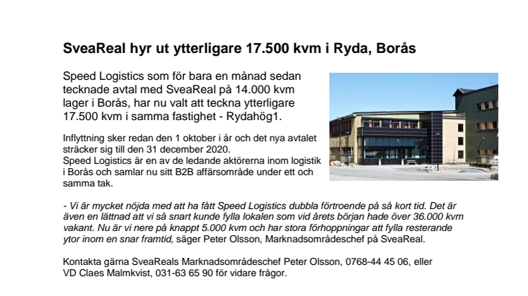 SveaReal hyr ut ytterligare 17.500 kvm i Ryda, Borås