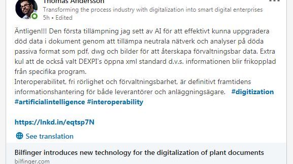LinkedIn inlägg efter Bilfingers pressrelease 