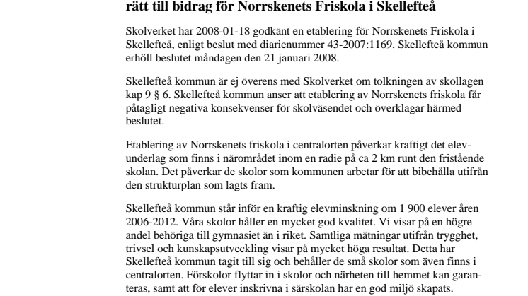 Skellefteå kommun överklagar Skolverkets beslut om etablering av friskola i Skellefteå
