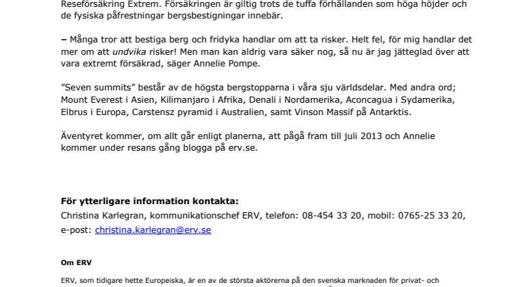 ERV sponsrar Annelie Pompe som bestiger ”Seven summits"