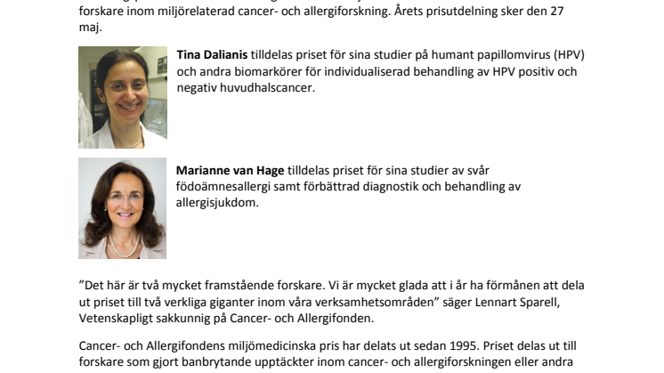 ​Årets Miljömedicinska pris på 500 000 kr tilldelas Tina Dalianis och Marianne van Hage