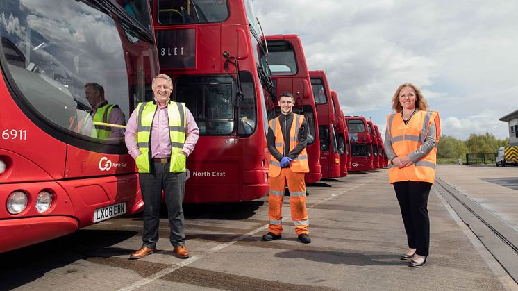 L-R Colin Barnes, Engineering Director at Go North East with apprentice Oliver Barry and Suzanne Slater, Assistant Principal for Apprenticeships at Gateshead College