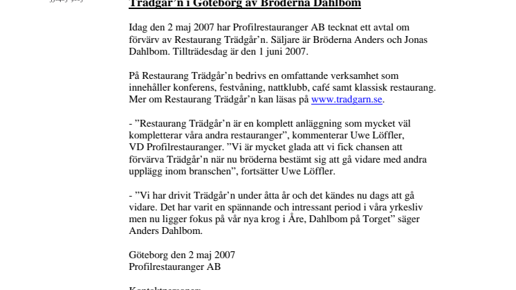 Profilrestauranger AB köper klassiska restaurang Trädgår’n i Göteborg av Bröderna Dahlbom