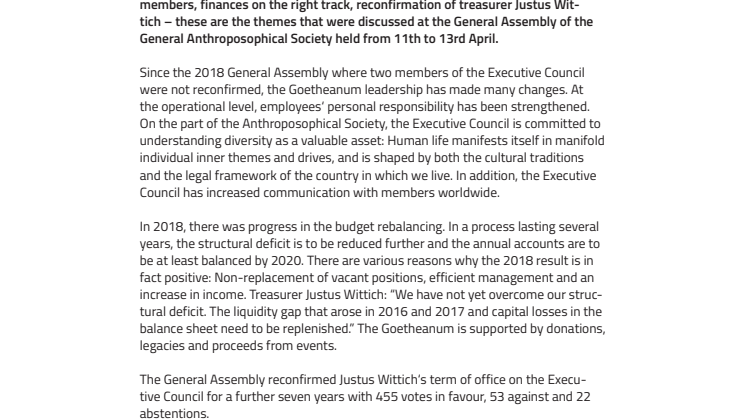 Commitment to Diversity. ​The Goetheanum has taken many things a step further in a turbulent year / General meeting confirms treasurer Justus Wittich