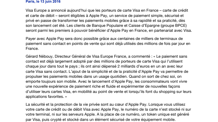 Visa Europe annonce que les porteurs de carte Visa en France seront éligibles à Apple Pay dès son lancement cet été