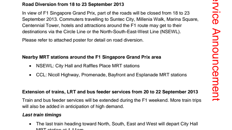 SMRT Travel Advisory for F1 Singapore Grand Prix