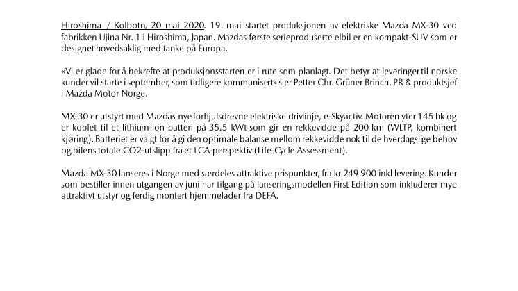 Produksjonsstart for elektriske Mazda MX-30