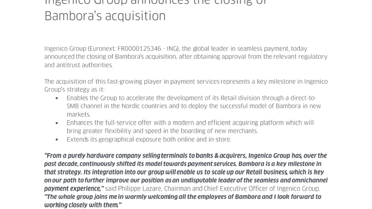 Ingenico Group announces the closing of Bambora’s acquisition