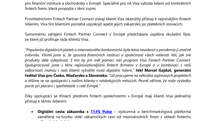Visa spouští Fintech Partner Connect v Evropě