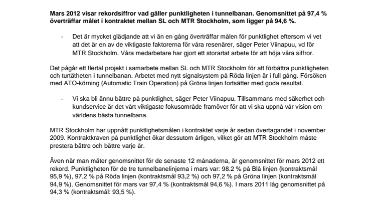 Punktligheten i tunnelbanan rekordhög