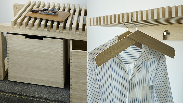 Collar Coat Hanger designad av TAF samt Cutter Wardrobe, Cutter Bench och Cutter Box designad av Niels Hvass