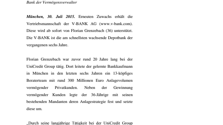 V-BANK verstärkt Vertriebsteam