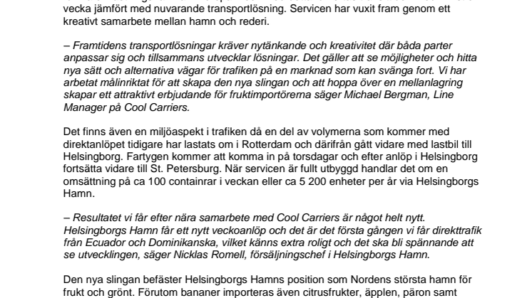 ​Ny trafik från Ecuador och Dominikanska republiken för Helsingborgs Hamn