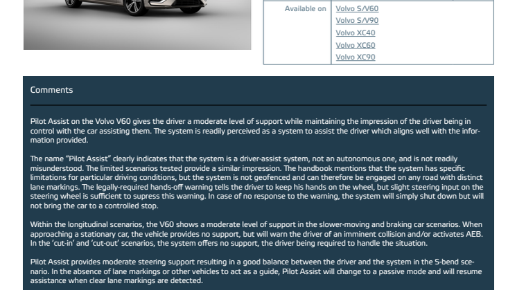 Automated Driving 2018 - Volvo V60 datasheet - October 2018