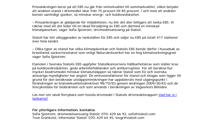 Statoil sänker priset på etanol E85 med 55 öre
