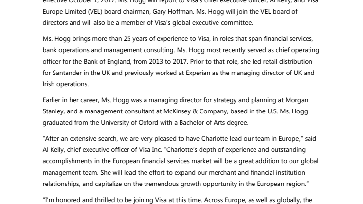 Visa Inc. Appoints Charlotte Hogg as Chief Executive Officer of the Company’s European Operations