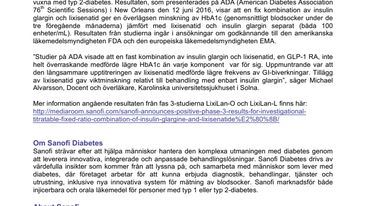 Sanofi meddelar positiva fas 3-resultat för kombinationsbehandling med insulin glargin och lixisenatid 