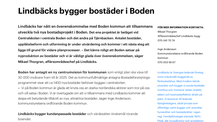 Lindbäcks bygger bostäder i Boden