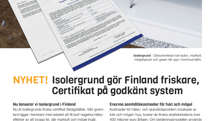 Isolergrund gör Finland friskare - Certifikat på godkänt system